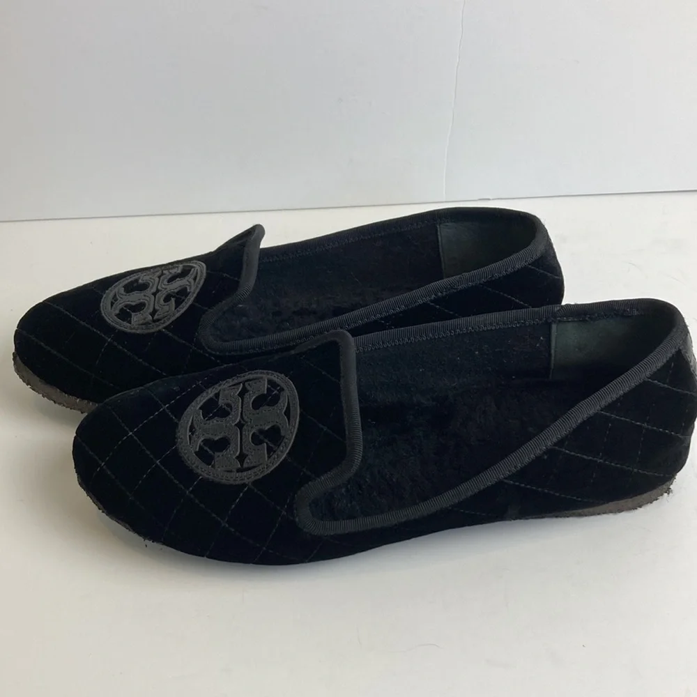 Tory Burch Billy Black Quilted Velvet Fur Loafers Crepe Sole Slippers Sz 9 Flats